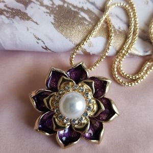 Pearl Rhinestone Purple Flower Necklace Brooch